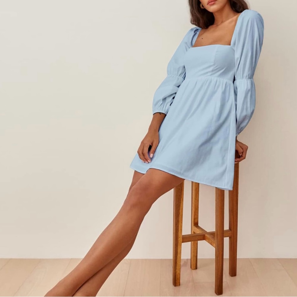 EXLURA Womens Square Neck Dress Long Puff Sleeve A-Line Casual Short Mini Dress